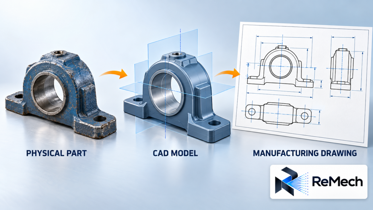 مسیر مفهومی مهندسی معکوس از قطعهٔ صنعتی به مدل CAD و نقشهٔ ساخت با لوگوی ری‌مک