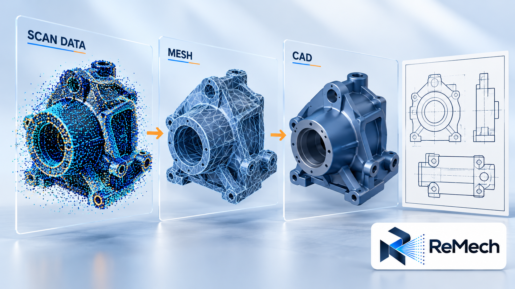 تفاوت دادهٔ اسکن، مش، مدل CAD و نقشه در تحویل پروژه با لوگوی ری‌مک
